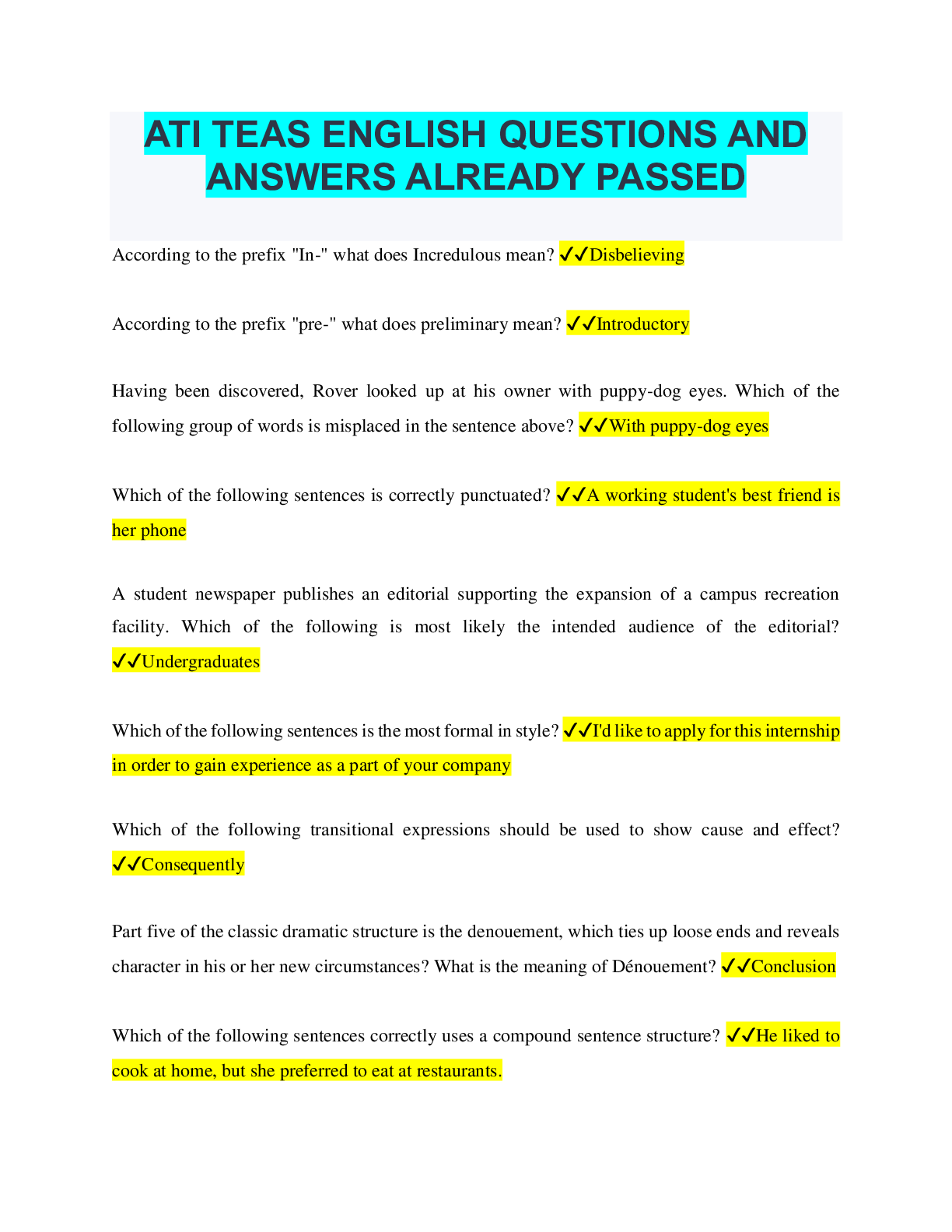 ATI TEAS ENGLISH QUESTIONS AND ANSWERS ALREADY PASSED Browsegrades
